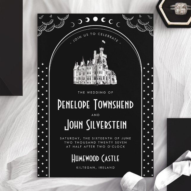 Invitación Boda Castillo Blanco Negro Arte Deco Gótico (Gothic Art Deco Black White Castle Wedding Invitation)