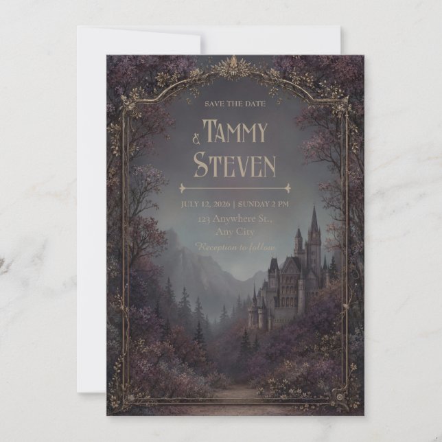 Invitación Boda Castillo Gótico Bosque Mauve Borde Dorado (Anverso)