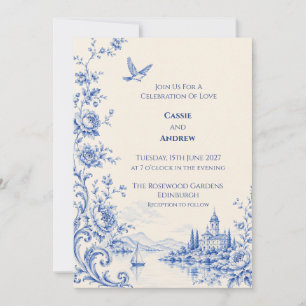 Invitación Boda Castillo junto al Lago con Toile Azul