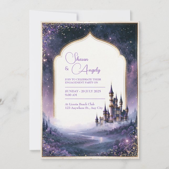 Invitación Boda Castillo Lavanda Crepuscular (Anverso)