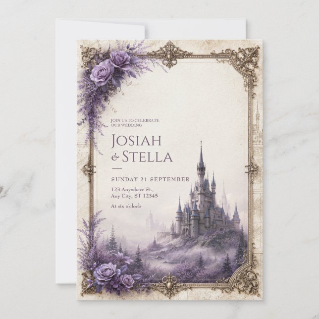 Invitación Boda Castillo Niebla Rosa Lavanda (Anverso)