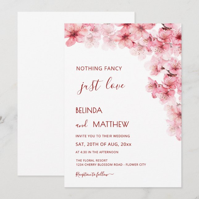 Invitación Boda Casual Arqueada Blanca Flor de Cerezo (Anverso / Reverso)