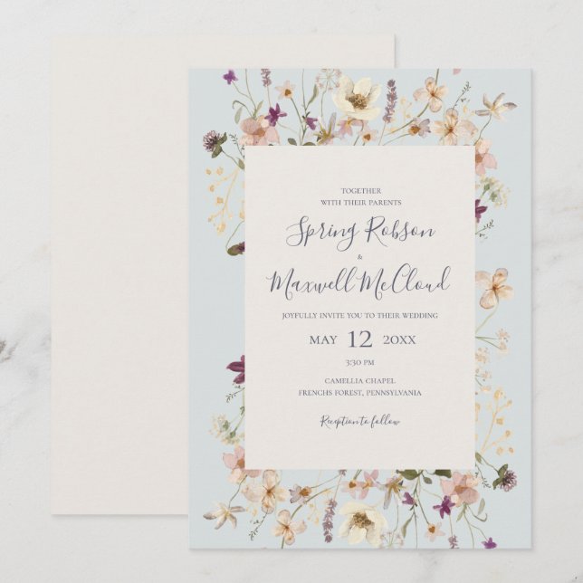 Invitación Boda Casual Azul del marco de flor silvestre de pr (Anverso / Reverso)