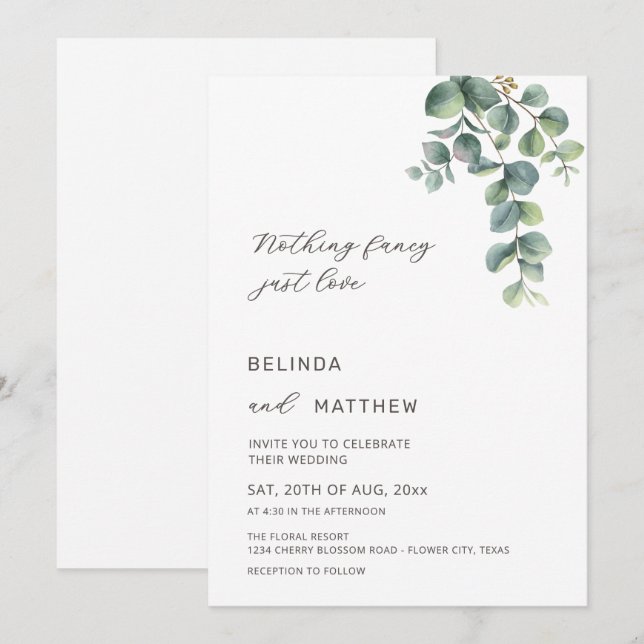 Invitación Boda Casual de Flores Acuarela Verde Hojas (Anverso / Reverso)