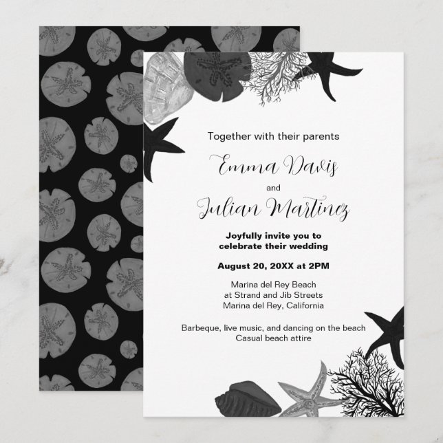 Invitación Boda casual de la concha negra-gris-blanca (Anverso / Reverso)