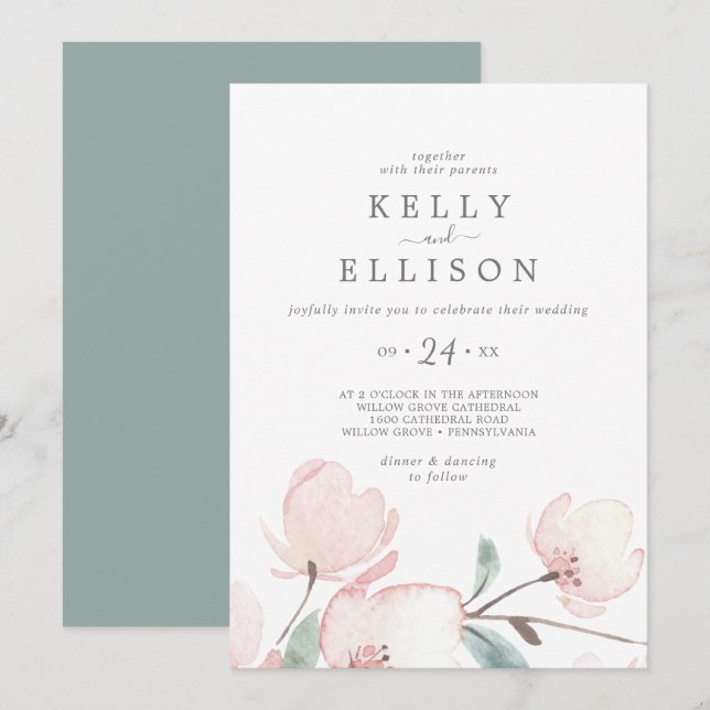 Invitación Boda casual de la flor de cerezo de primavera (Anverso / Reverso)