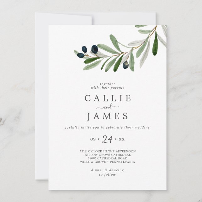 Invitación Boda Casual de rama de oliva moderna (Anverso)