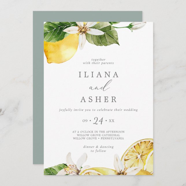 Invitación Boda Casual del Jardín del Limón Moderno (Anverso / Reverso)