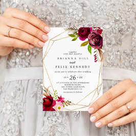Invitación Boda Casual Floral Geométrica Rústica de Borgoña