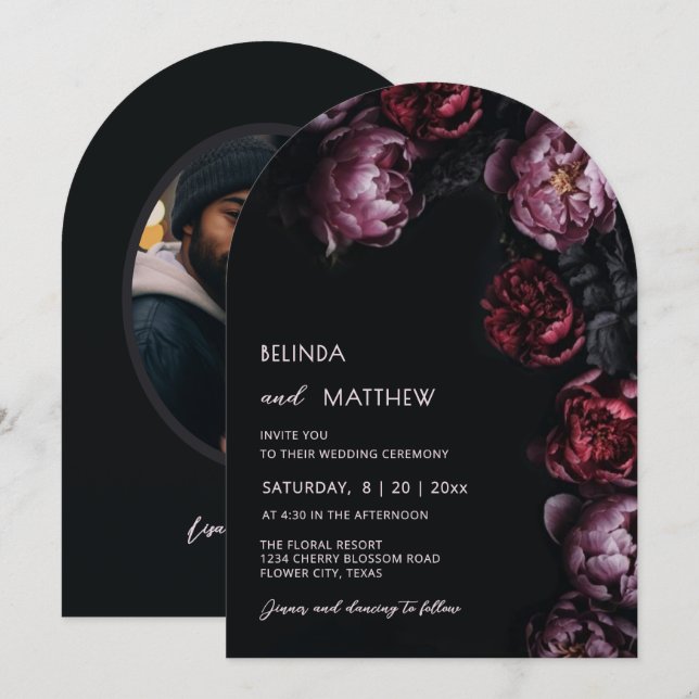 Invitación Boda Casual Flores 3D Oscuras y Malhumoradas (Anverso / Reverso)