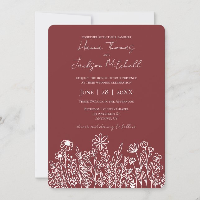 Invitación Boda Casual Rústica con Flores Doodle en Rojo Vino (Anverso)