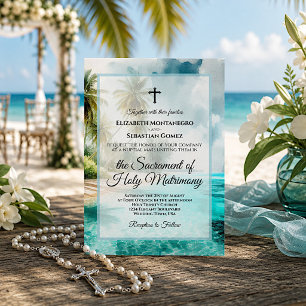 Invitación Boda Católica Acuarela de Playa Tropical Costera