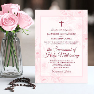 Invitación Boda católica boho chic con peonías acuarela rosa