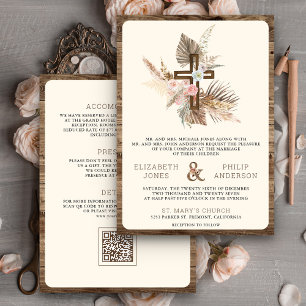 Invitación Boda Católica Boho Pampas Cruz de Madera Todo en U