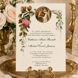 Invitación Boda Católica Clásica Elegante Rosas Marfil