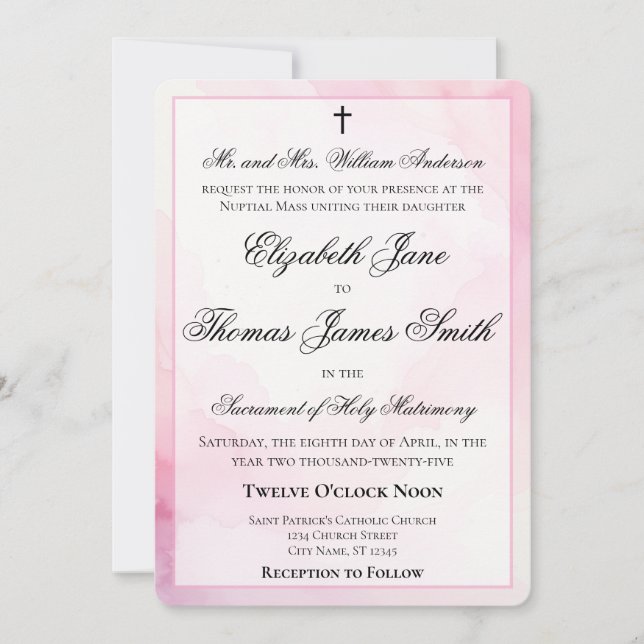 Invitación Boda católica con acuarela rosa y blanca (Anverso)