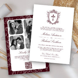 Invitación Boda católica con código QR Burgundy victoriano