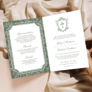 Invitación Boda católica con código QR en verde salvia victor