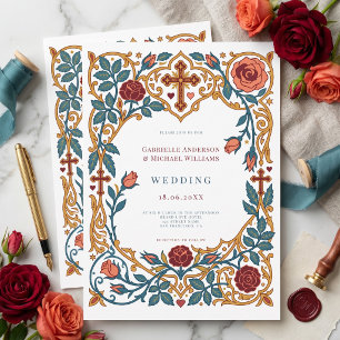 Invitación Boda Católica Cruz Vintage Floral Antigua