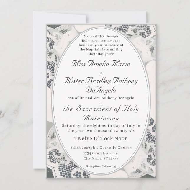 Invitación Boda católica de encaje rosado de Champagne (Anverso)