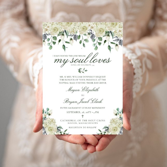 Invitación Boda Católica de Flores Blancas Megan y Verdor (Elegant, white floral Catholic wedding invitation with Bible verse)