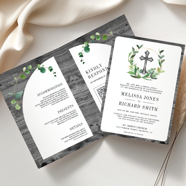 Invitación Boda católica de madera gris eucalipto cruz (Subido por el creador)