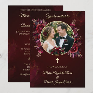 Invitación Boda católica floral de Borgoña con foto