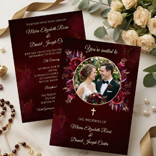 Invitación Boda católica floral de Borgoña con foto