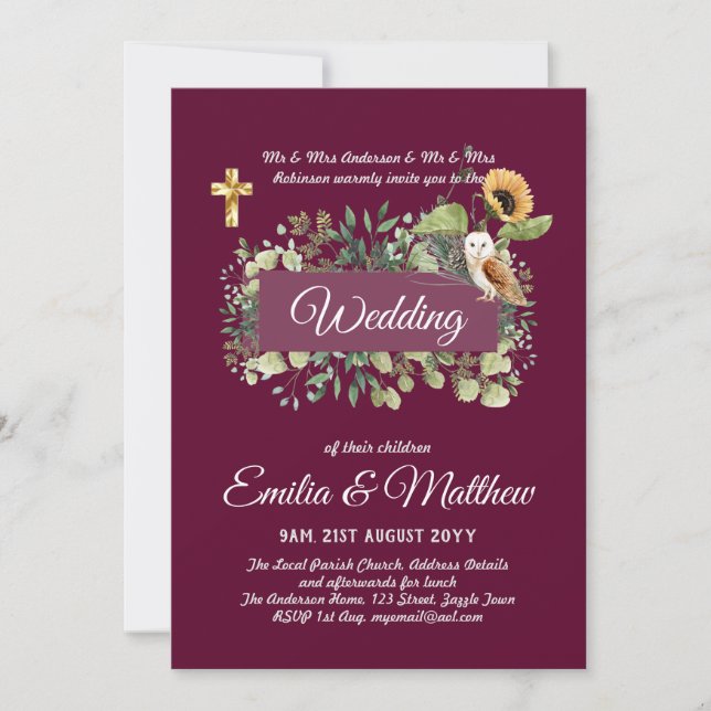 Invitación BODA católica harinera con hojas de búho floral (Anverso)