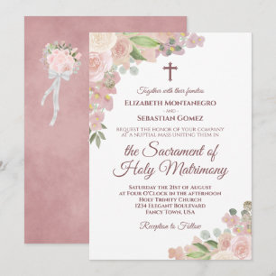 Invitación Boda católica moderna con código QR floral rosa