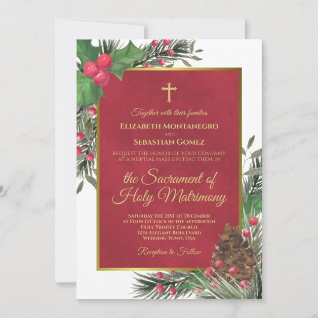 Invitación Boda católica moderna de Navidad Holly & Pine (Anverso)