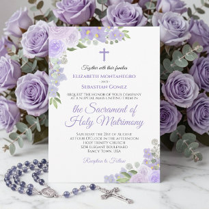 Invitación Boda católica moderna floral púrpura lavanda