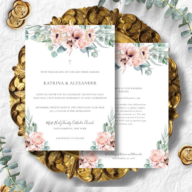 Invitación Boda católica moderna Katrina Pink Boho (Floral pink boho Catholic wedding invitation with RSVP on back.)