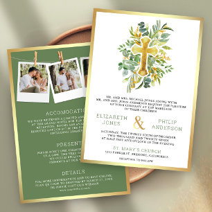 Invitación Boda católica todo en uno de verde dorado