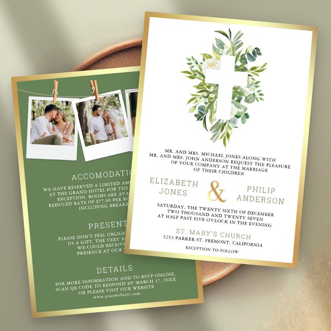 Invitación Boda Católica Todo en Uno Greenery Cross (Subido por el creador)