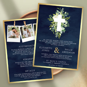 Invitación Boda católica todo en uno Greenery Cross Navy