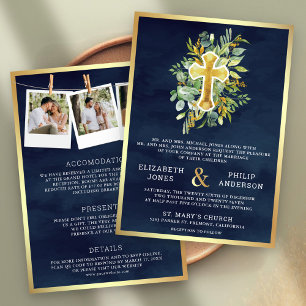 Invitación Boda católica todo en uno verde naví dorado