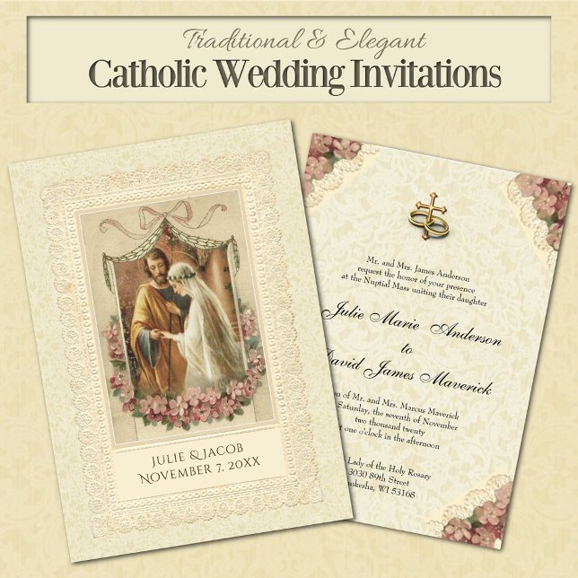 Invitación Boda católica tradicional Bride Groom (Traditional Catholic Wedding Invitations with a vintage image of the betrothal of Mary and Joseph)