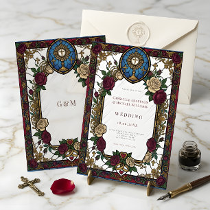 Invitación Boda Católica Vidrio Emplomado Rosa Borgoña