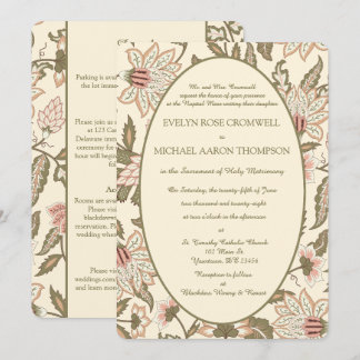Invitación Boda católica vintage en rosa polvoriento y verde 