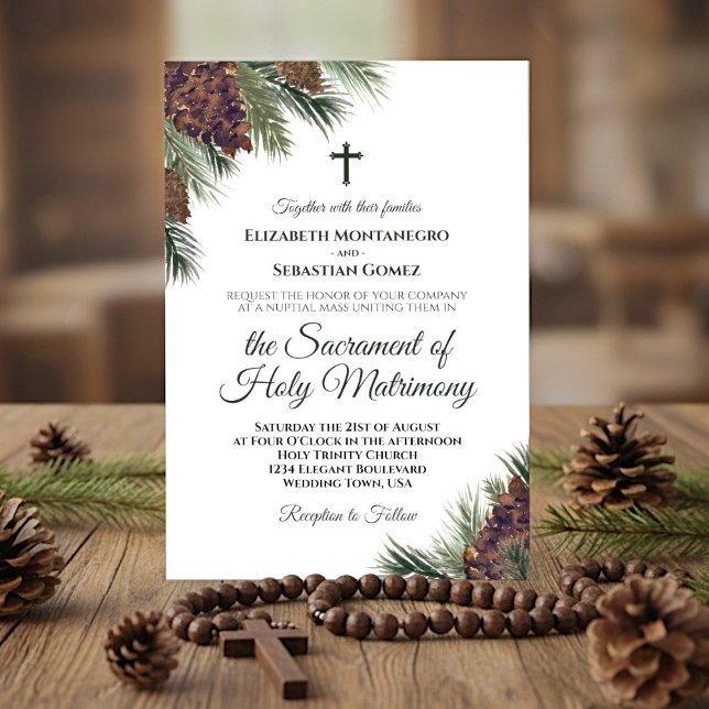 Invitación Boda católico de las pineconas de color acuático r (Subido por el creador)