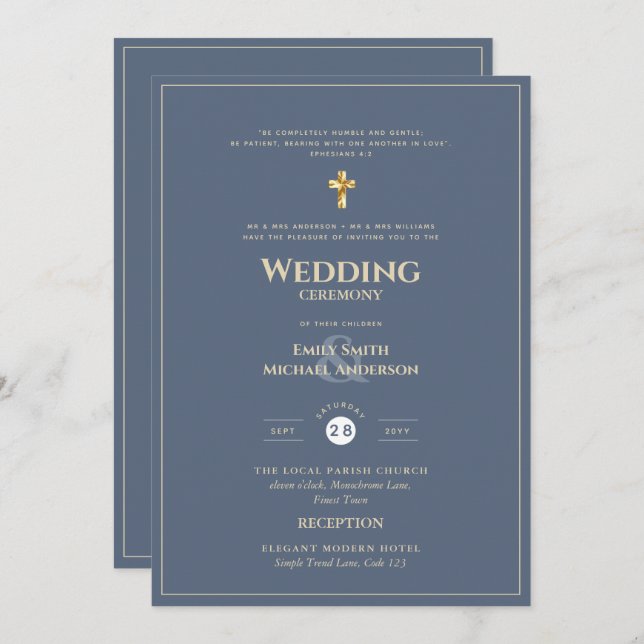 Invitación BODA católico de oro azul turbulento todo en 1 (Anverso / Reverso)
