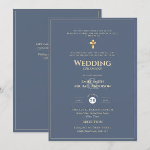 Invitación BODA católico de oro azul turbulento todo en 1