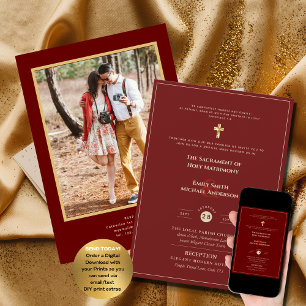 Invitación Boda católico de oro de Borgoña foto masiva nupcia