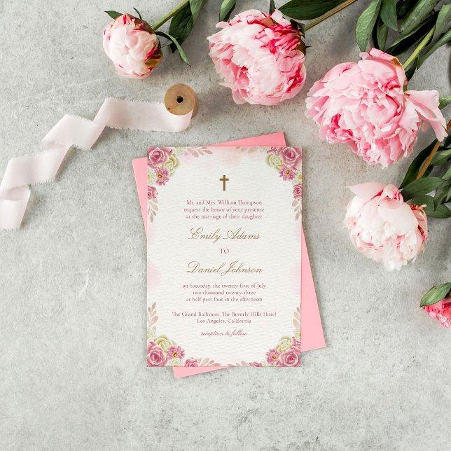 Invitación Boda católico-floral rosada tradicional (Subido por el creador)