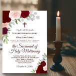Invitación Boda católico moderno Rosas de boho rojo y rosado<br><div class="desc">Esta hermosa invitación a la boda es perfecta para una ceremonia católica moderna. Presenta un diseño rústico de moda boho con elegantes letras de guión y rosas acuarelas pintadas a mano en tonos rosa rubor, rojo intenso y borgoña. Incluye una cruz o crucifijo, y un texto que invita a sus...</div>