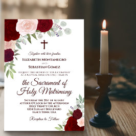 Invitación Boda católico moderno Rosas de boho rojo y rosado