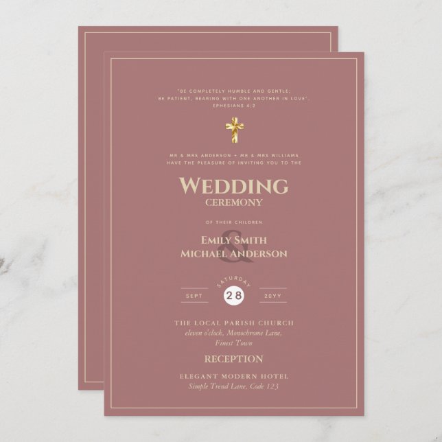 Invitación BODA católico Rosa Oro, todo en 1, CLÁSICO (Anverso / Reverso)
