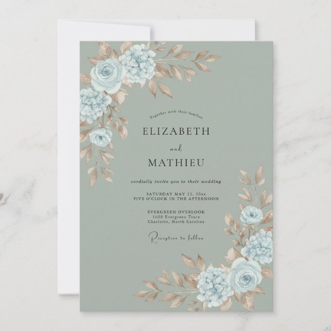 Invitación Boda Celadón Azul Ranunculus Eucalipto (Anverso)