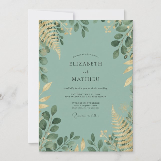Invitación Boda Celadón Foliage Oro Eucalipto (Anverso)